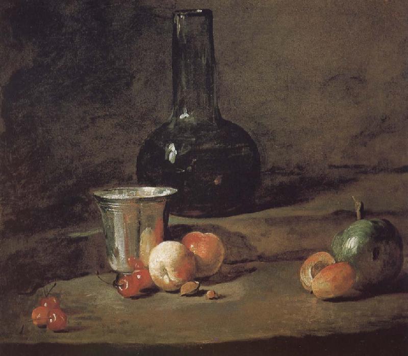 Jean Baptiste Simeon Chardin Wine glass bottles fitted five silver Cherry wine a two peach apricot, and a green apple Germany oil painting art